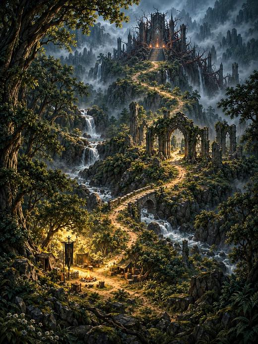 Painted map of the Thorn Path: a glowing trail winds through deep forest and old ruins up to a castle.