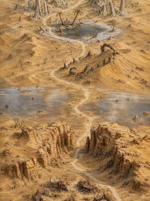 Painted map of the Sand Sea: a path runs through dunes, rocks and an oasis.