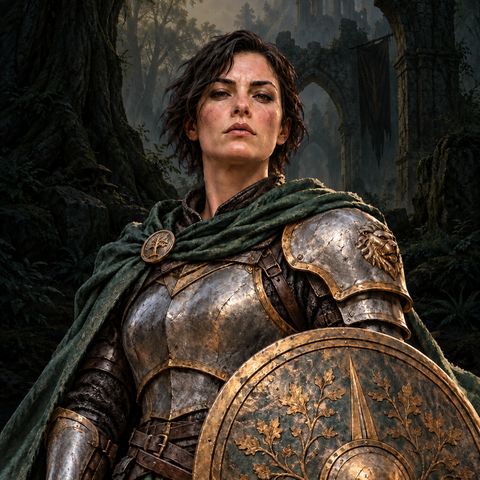 The Knight: short dark hair, steel armor with gold trim, a green cloak and a round bronze shield.