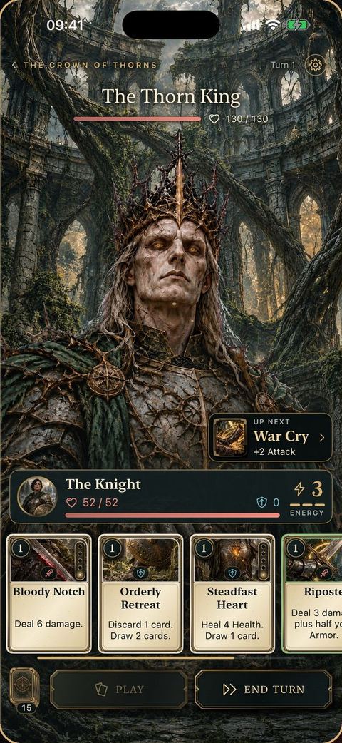 Boss fight against the Thorn King. He announces a war cry. Below, the Knight and her hand of cards.