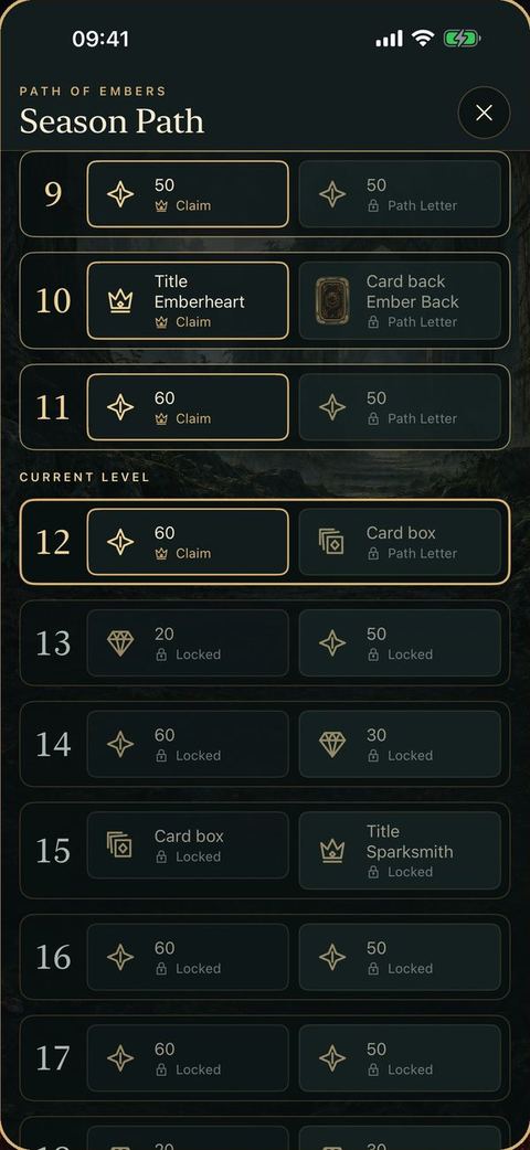 The Season Path with numbered levels and their rewards.