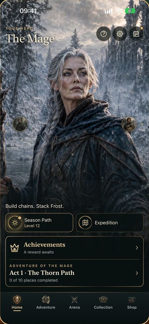 Home screen with the Mage. Below: Season Path, Expedition, Achievements and the adventure Act I, The Thorn Path.