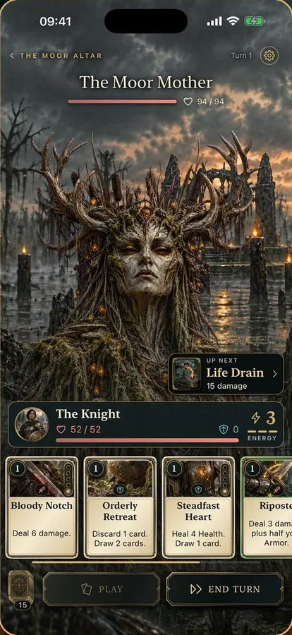 Oath & Ash: a battle against the Moor Mother on iPhone. At the top, the enemy announces her next move. Below, the Knight with 52 of 52 Health, 3 Energy and her hand of cards.