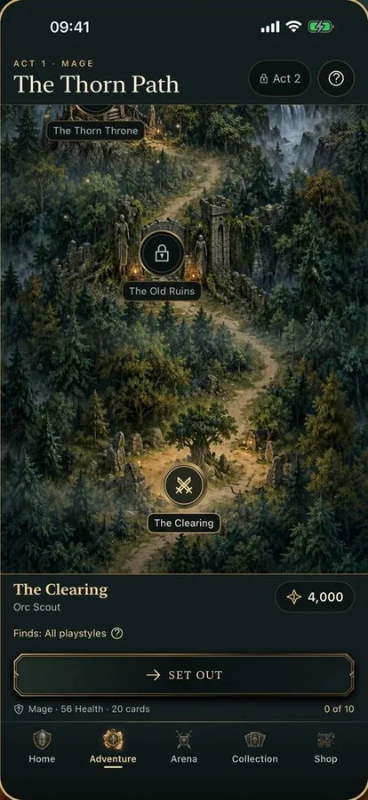 Oath & Ash: painted map of Act I, The Thorn Path, with waypoints. A clearing is selected, with a button to set out.