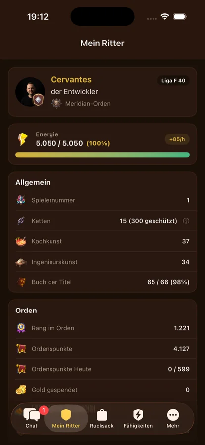 Knight Manager app: overview of your knight with energy, stats and order