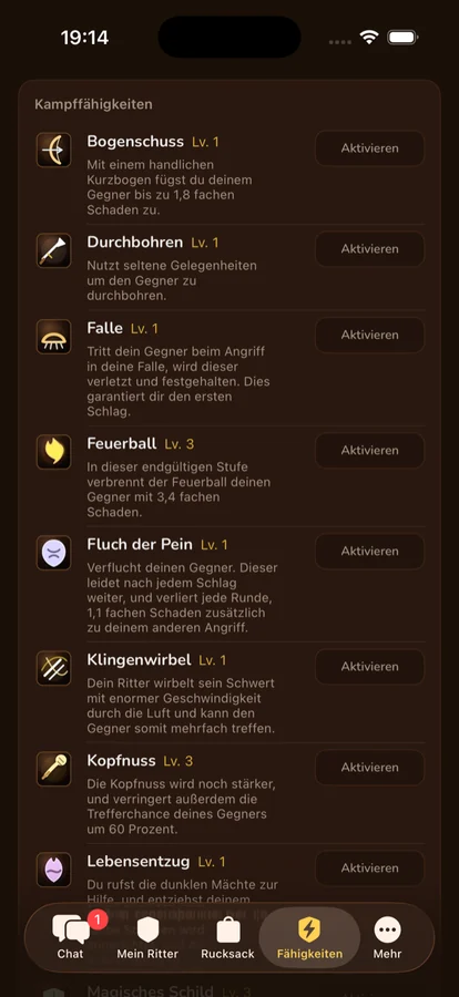 Knight Manager app: list of combat abilities with levels to activate
