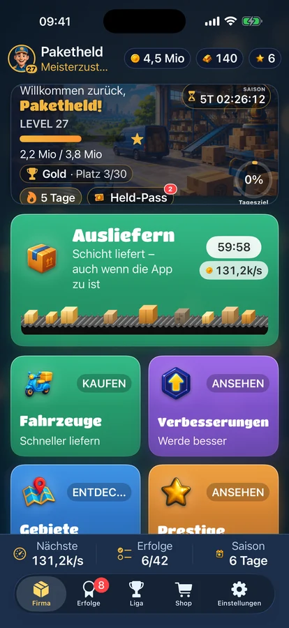 Package Hero app: delivery shift in progress with coins earned per second