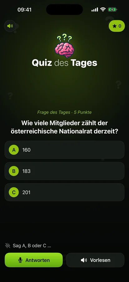 Quiz des Tages: the daily question with three answer options A, B and C
